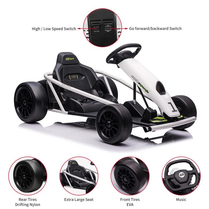 24V Go Kart for Kids 8-12, 300W*2 Motors, 9Ah Battery, 8MPH Speed, Music, Horn, 175lbs Max Load – White - Image 12