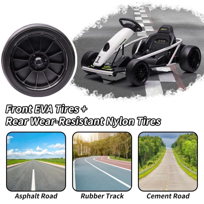 24V Go Kart for Kids 8-12, 300W*2 Motors, 9Ah Battery, 8MPH Speed, Music, Horn, 175lbs Max Load – White - Image 10