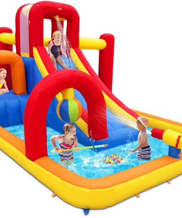 Inflatable Water Slide, 10 in 1 Water Park Bounce House with Blower, Splash Pool, 2 Slides, Water Cannon, Climbing Wall, Blow up Water Slides for Kids Outdoor Backyard