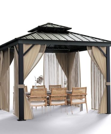 10’x10′ Hardtop Gazebo with double metal roof, aluminum frame, net, and curtain. All-weather, ideal for patio, deck, garden, backyard. Khaki.