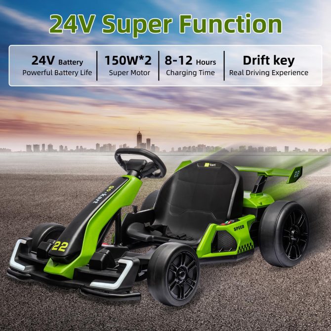 24V Electric Go Kart, with 300W Strong Motor, Drift/Sport Mode, Big Battery, Eva Tire,Length Adjustmen for Outdoor Racing Toy-Green - Image 12