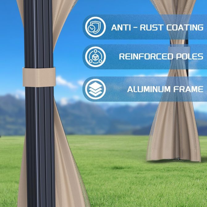 10’x10′ Hardtop Gazebo with double metal roof, aluminum frame, net, and curtain. All-weather, ideal for patio, deck, garden, backyard. Khaki. - Image 13
