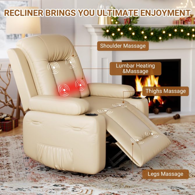PU Leather Power Lift Recliner Chair With Massage and Heat, Adjustable Furniture for Back, Legs w/ 3 Positions, Usb Port, Side Pocket (Beige, 27 Seat Width+Cup Holders) - Image 9