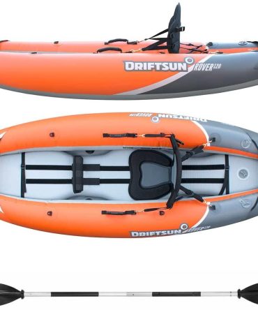 Driftsun Rover 120/220 Inflatable Tandem White-Water Kayak with High Pressure Floor and EVA Padded Seats with High Back Support, Includes Action Cam Mount, Aluminum Paddles, Pump and More