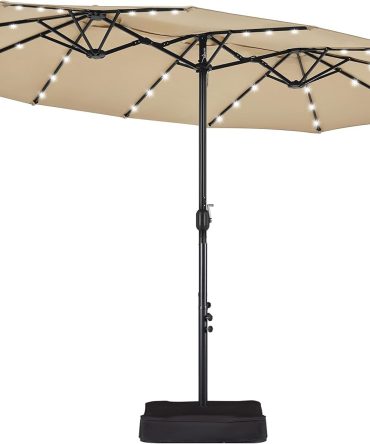 15 ft Large Patio Umbrella with Solar Lights Double-Sided Outdoor Rectangle Market Umbrellas with 36 LED Lights/Base Included/Easy Crank for Patio Garden Yard Pool Lawn, Brown