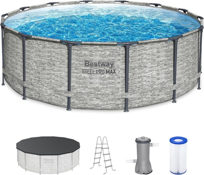 Above Ground Swimming Pool w/ Pump, Cover, & Ladder, 14′ x 48′′, Steel Pro MAX, Gray – Backyard Outdoor Round Pool w/ Filter, 42-Inch Deep Water - Image 2