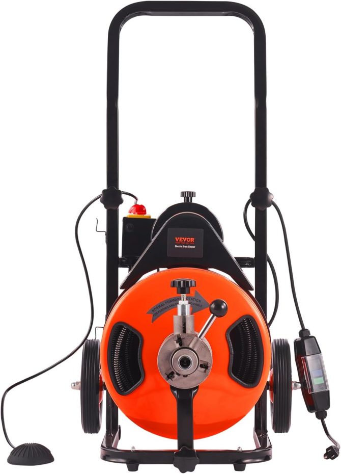 Drain Cleaner Machine 100FT x 1/2Inch, Auto Feed Sewer Snake Auger with 4 Cutter & Air-activated Foot Switch for 1′′ to 4′′ Pipes, Orange, Black - Image 9
