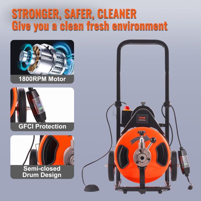 Drain Cleaner Machine 100FT x 1/2Inch, Auto Feed Sewer Snake Auger with 4 Cutter & Air-activated Foot Switch for 1′′ to 4′′ Pipes, Orange, Black - Image 6