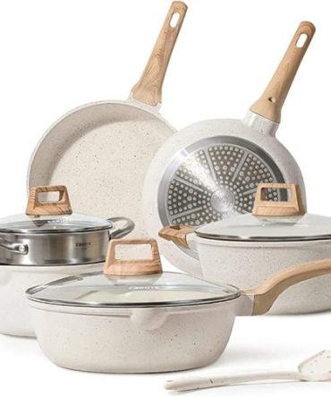 CAROTE Pots and Pans Set Nonstick, White Granite Induction Kitchen Cookware Sets, 10 Pcs Non Stick Cooking Set w/Frying Pans Saucepans