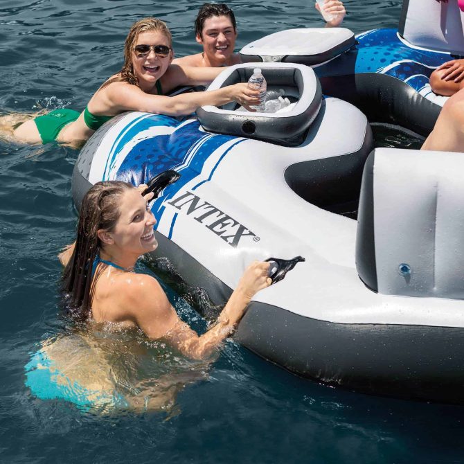 Blue Tropic Inflatable Lake Island Float with Cooler and Cupholders - Image 13