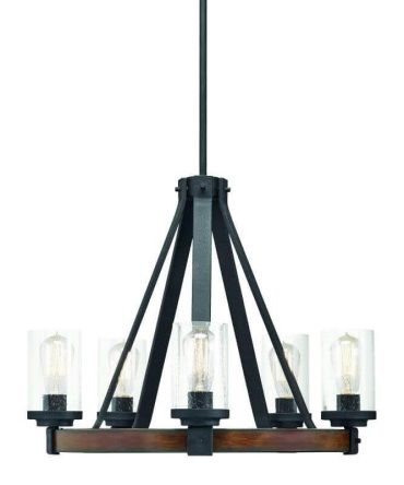 5-Light Distressed Black and Wood Tone Rustic Clear Glass Candle Chandelier