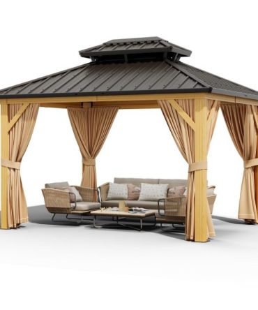 10X13 FT Outdoor Galvanised Steel Hardtop Gazebo, Heavy Duty Double Roof Outdoor Gazebo with Netting and Sunshade Curtains, Aluminium Framed Gazebo for Patio, Terrace, Lawn and Deck, Khaki