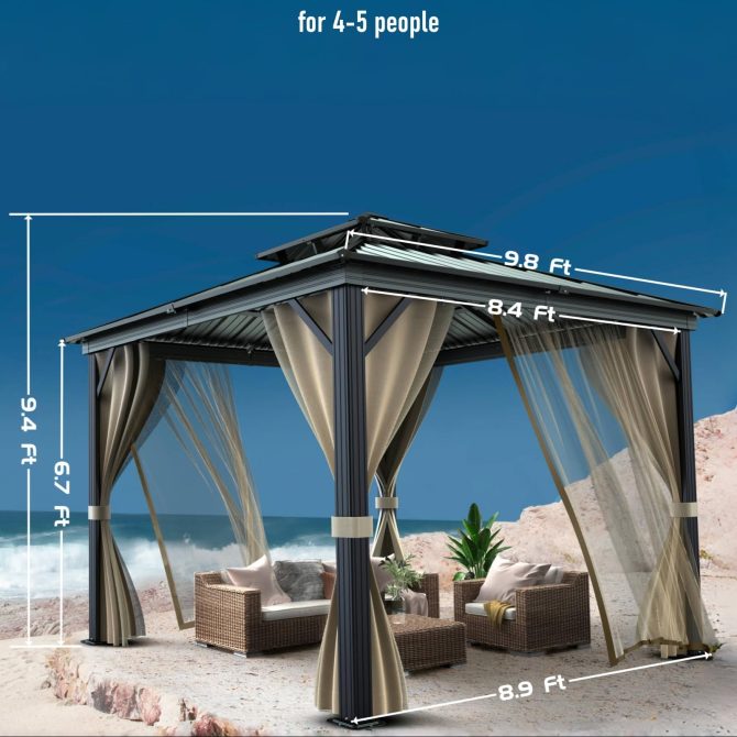 10’x10′ Hardtop Gazebo with double metal roof, aluminum frame, net, and curtain. All-weather, ideal for patio, deck, garden, backyard. Khaki. - Image 12