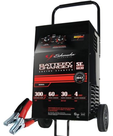 Schumacher Electric Wheeled Battery Charger and Engine Starter, SC1446, 2-in-1, manual timer control, 300 crank amps, 6 volts, 12 volts, for car, SUV, truck and Marine batteries
