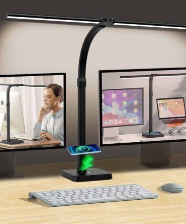 AKRRYR LED Desk Lamp for Home Office, Double Head 24W Desk Lamp with USB Charging Port Wireless Charger
