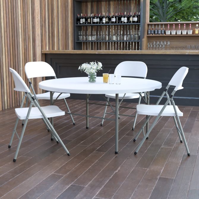 Flash Furniture Scarborough 5-Foot Round Bi-Fold White Plastic Folding Table with Carrying Handle - Image 10