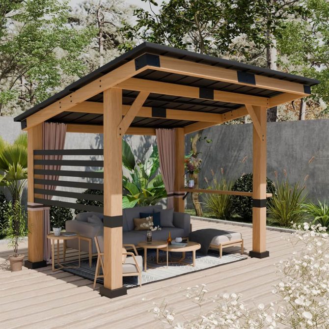 [10x12FT] Heavy Duty Premium Outdoor All-Season Wooden Cedar Hardtop Gazebo With Metal Roof & Back Curtains (SAK57184) - Image 8