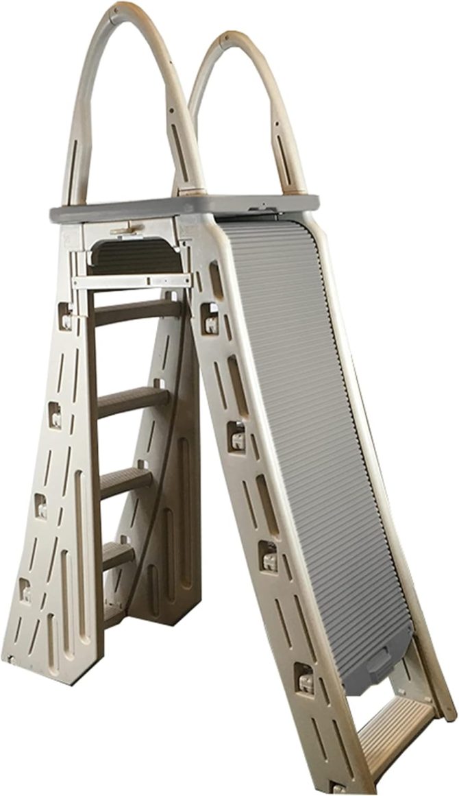 Confer Plastics 7200 Roll Guard 48′′ to 56′′ Adjustable A Frame Safety Ladder for Above Ground Outdoor Patio Swimming Pool Platform Ladder with Step Barrier, Warm Grey...