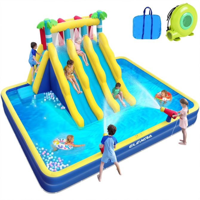 20.66×16.4FT Inflatable Water Slide for Big Kids, Water Park for Kids Backyard with Large Double-Layer Pool,3 Extra-Long Slides,Climbing Wall, 2 Water Cannons, Water Spraying, 750W Air Blower