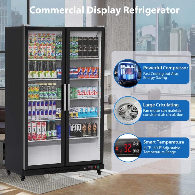 Commercial Refrigerator, Glass Door with LED Lighting – Upright Beverage Display Cooler for Home, Store, Gym, or Office, Featuring Double Swing Doors and 39 cu.ft - Image 8