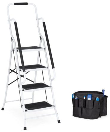 Best Choice Products 4-Step Portable Folding Anti-Slip Steel Ladder w/ Handrails, Attachable Tool Bag