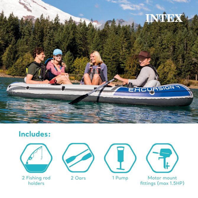 Excursion 4 Inflatable Rafting Fishing 4 Person Boat Set with Oars and Pump - Image 19
