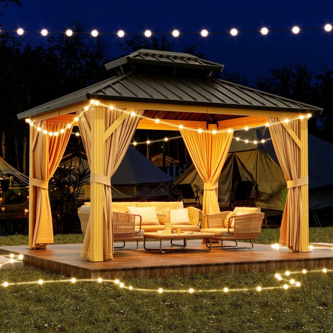 10X13 FT Outdoor Galvanised Steel Hardtop Gazebo, Heavy Duty Double Roof Outdoor Gazebo with Netting and Sunshade Curtains, Aluminium Framed Gazebo for Patio, Terrace, Lawn and Deck, Khaki - Image 10