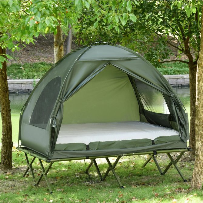 Extra Large Compact Pop Up Portable Folding Outdoor Elevated Camping Cot Tent Combo Set in Dark Green - Image 20