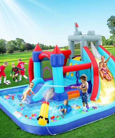 Inflatable Water Slides for Kids 8-in-1 Bounce House Water Park with 450W Blower Climbing Wall, Splash Pool, 2 Water Cannons, Basketball Hoop, Water Slide, Crocodile Sprinkler for Gift Backyard Party