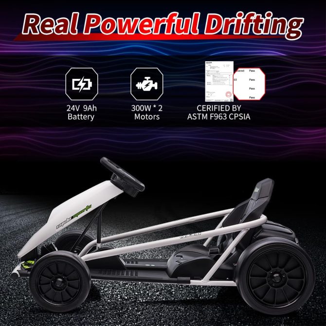 24V Go Kart for Kids 8-12, 300W*2 Motors, 9Ah Battery, 8MPH Speed, Music, Horn, 175lbs Max Load – White - Image 9