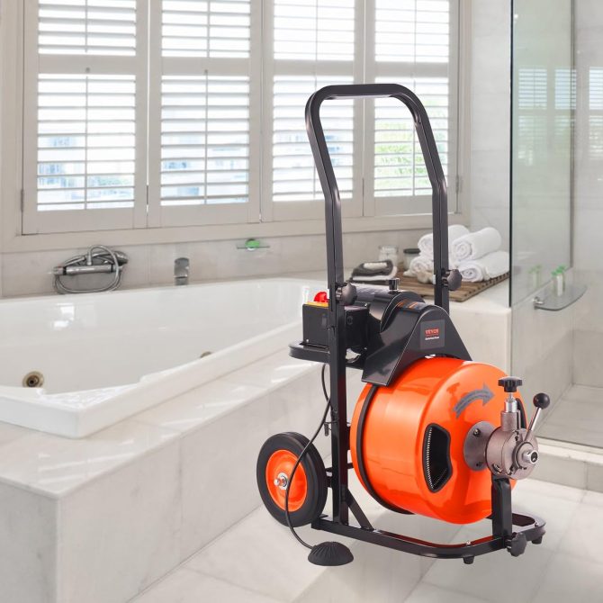 Drain Cleaner Machine 100FT x 1/2Inch, Auto Feed Sewer Snake Auger with 4 Cutter & Air-activated Foot Switch for 1′′ to 4′′ Pipes, Orange, Black - Image 8