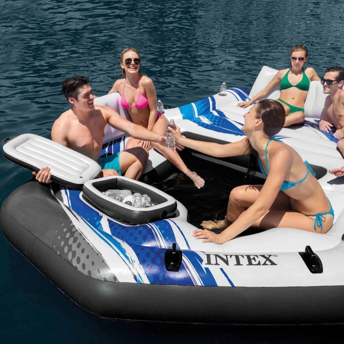 Blue Tropic Inflatable Lake Island Float with Cooler and Cupholders - Image 12