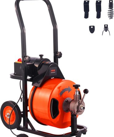 Drain Cleaner Machine 100FT x 1/2Inch, Auto Feed Sewer Snake Auger with 4 Cutter & Air-activated Foot Switch for 1′′ to 4′′ Pipes, Orange, Black