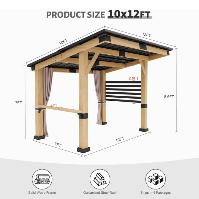 [10x12FT] Heavy Duty Premium Outdoor All-Season Wooden Cedar Hardtop Gazebo With Metal Roof & Back Curtains (SAK57184) - Image 13
