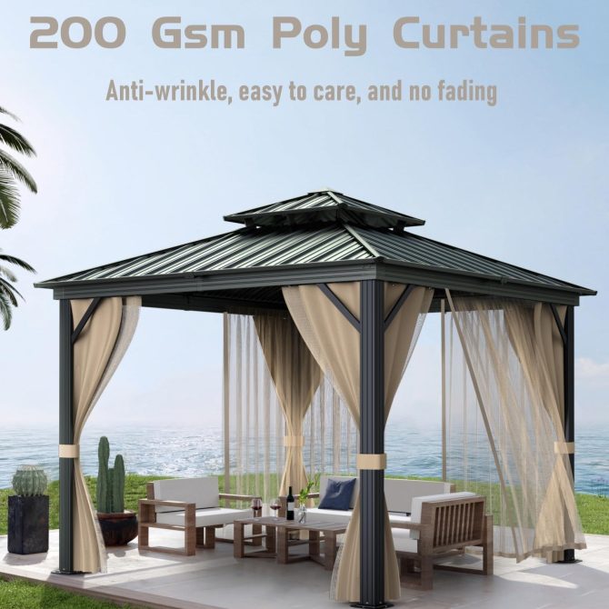 10’x10′ Hardtop Gazebo with double metal roof, aluminum frame, net, and curtain. All-weather, ideal for patio, deck, garden, backyard. Khaki. - Image 10