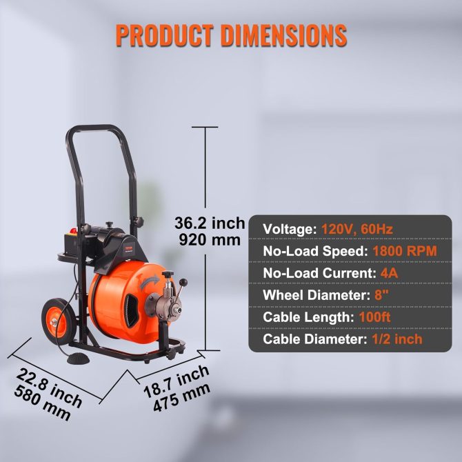 Drain Cleaner Machine 100FT x 1/2Inch, Auto Feed Sewer Snake Auger with 4 Cutter & Air-activated Foot Switch for 1′′ to 4′′ Pipes, Orange, Black - Image 7