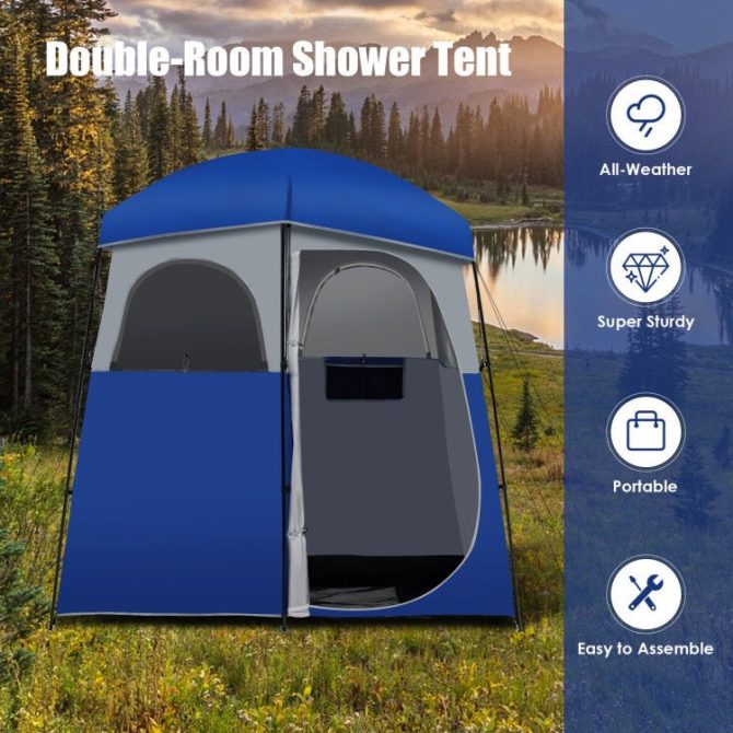 Sturdy Double-Room Camping Privacy Shower Toilet Tent W/ Storage Bag - Image 2