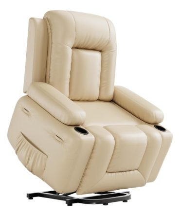 PU Leather Power Lift Recliner Chair With Massage and Heat, Adjustable Furniture for Back, Legs w/ 3 Positions, Usb Port, Side Pocket (Beige, 27 Seat Width+Cup Holders)