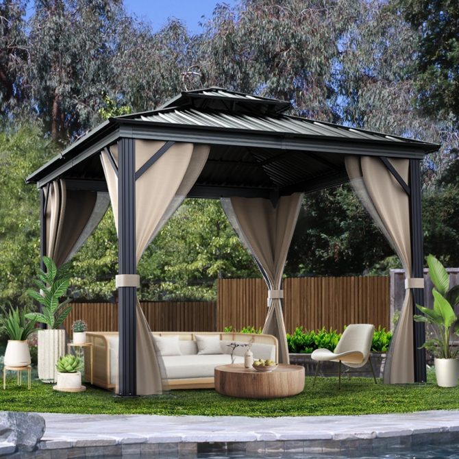 10’x10′ Hardtop Gazebo with double metal roof, aluminum frame, net, and curtain. All-weather, ideal for patio, deck, garden, backyard. Khaki. - Image 9