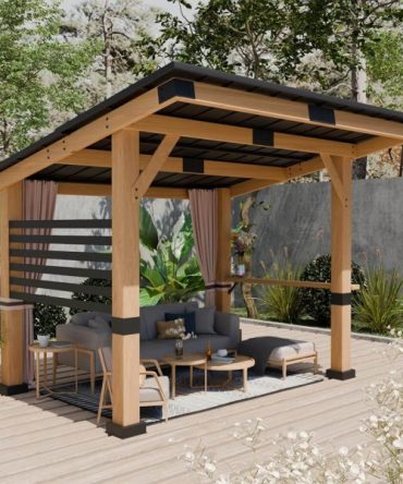 [10x12FT] Heavy Duty Premium Outdoor All-Season Wooden Cedar Hardtop Gazebo With Metal Roof & Back Curtains (SAK57184)