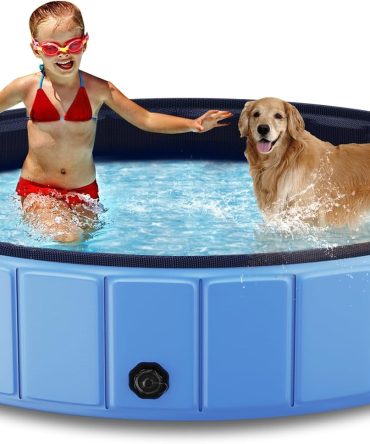 Foldable Dog Swimming Pool, 120′′x20′′ Oversize Collapsable Hard Plastic Potable Bathing Tub for Pet Dog Kiddie Pool Indoor and Outdoor Leakproof PVC Play Pool for Large Dogs Pets Puppy Kids Blue
