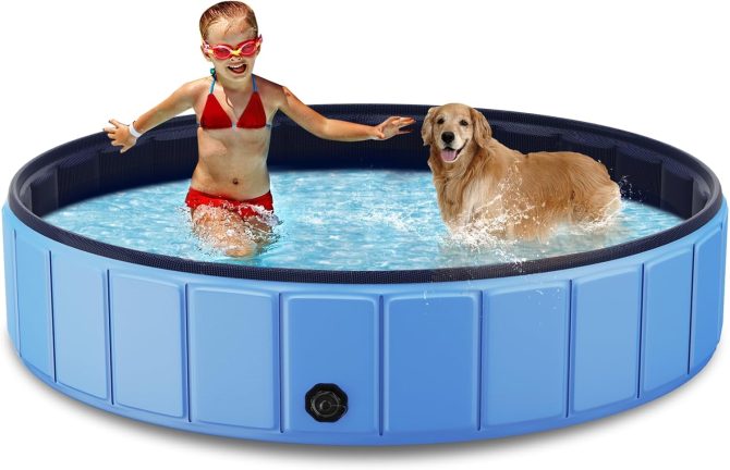 Foldable Dog Swimming Pool, 120′′x20′′ Oversize Collapsable Hard Plastic Potable Bathing Tub for Pet Dog Kiddie Pool Indoor and Outdoor Leakproof PVC Play Pool for Large Dogs Pets Puppy Kids Blue