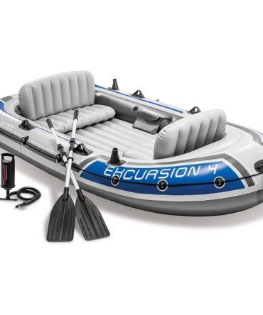 Excursion 4 Inflatable Rafting Fishing 4 Person Boat Set with Oars and Pump