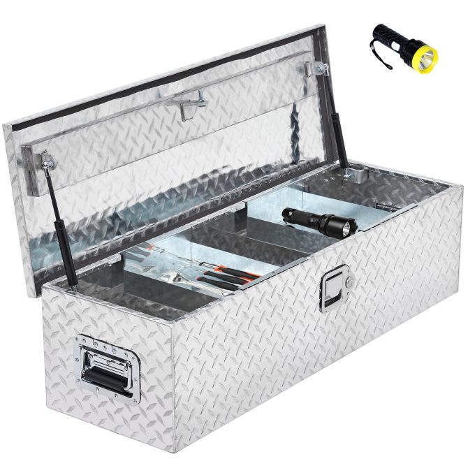 48 Inch Diamond Plate Truck Bed Tool Box with Shelf Silver - Image 8