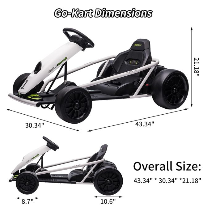 24V Go Kart for Kids 8-12, 300W*2 Motors, 9Ah Battery, 8MPH Speed, Music, Horn, 175lbs Max Load – White - Image 11