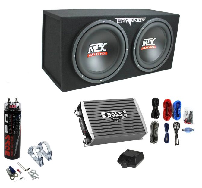 MTX TNE212D 12′′ 1200W Dual Loaded Subwoofer Box + 1500W Amplifier + Capacitor