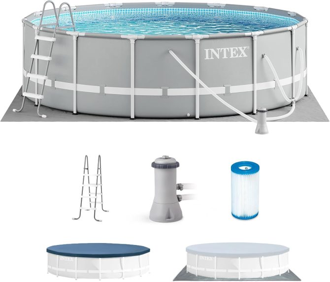 Above Ground Swimming Pool w/ Pump, Cover, & Ladder, 18′ x 48′′, Prism Frame, Gray – Outdoor Round Family Pool w/ Filter, 42-Inch Deep Water - Image 2