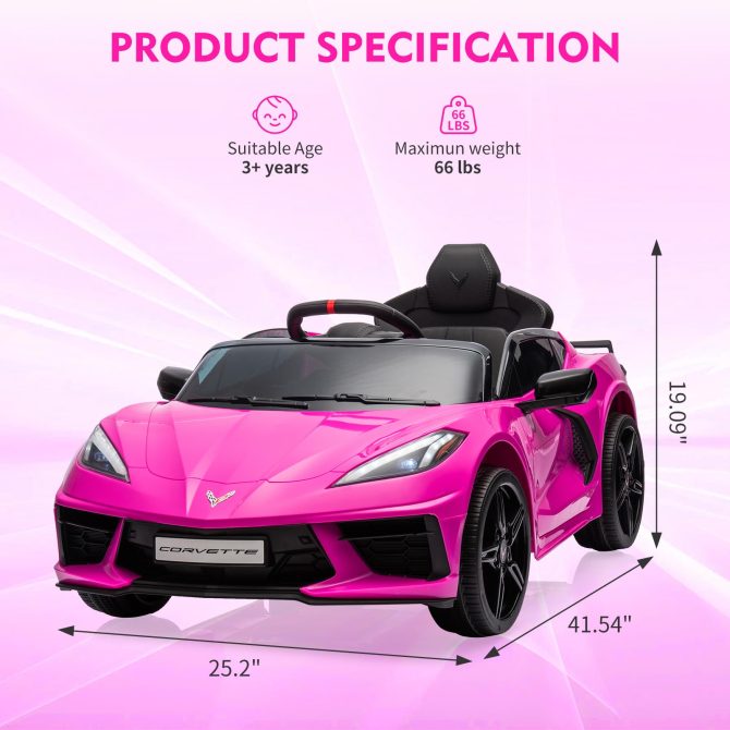 12V Kids Ride on Car Licensed Corvette Battery Powered Car Toddles Electric Sports Car Toy with Remote Control, Visual Dashboard, LED Lights, Music, Gifts for Boys Girls, Rose Red - Image 9