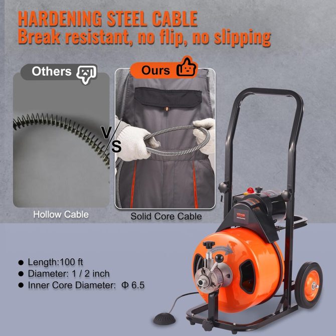 Drain Cleaner Machine 100FT x 1/2Inch, Auto Feed Sewer Snake Auger with 4 Cutter & Air-activated Foot Switch for 1′′ to 4′′ Pipes, Orange, Black - Image 3