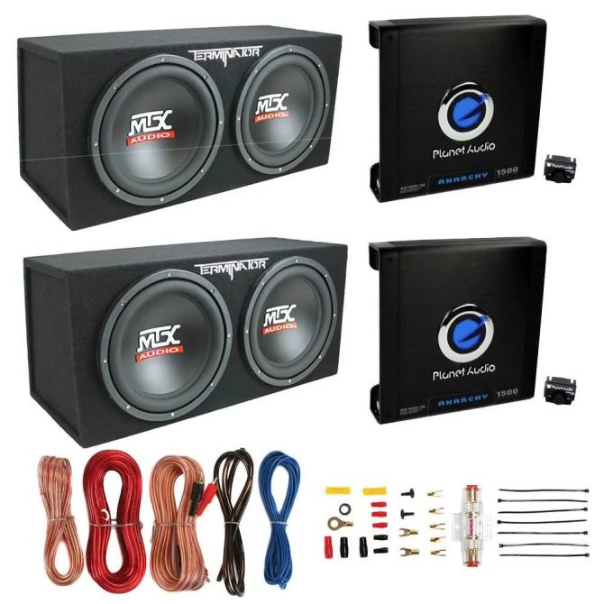 MTX TNE212D 12′′ Subwoofer (2 Pack) + Monoblock Amplifier (2 Pack) + Amp Wire Kit